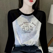 歐洛黛長(zhǎng)袖t恤女春秋新款時(shí)尚簡(jiǎn)約寬松純棉插肩拼色減齡百搭顯瘦上衣女 黑袖灰色三只兔子 2XL