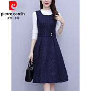皮爾卡丹（pierre cardin）春秋季毛呢背帶連衣裙女士套裝裙毛衣配粗花呢子背心短裙子女針織 藏青色背帶裙 M (80-100斤)