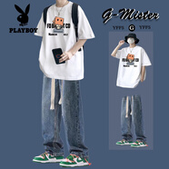 花花公子（PLAYBOY）短袖T恤男生夏季痞帥套裝帥氣潮流一套學(xué)生搭配牛仔褲炸街兩件套 2【兩件裝】盒子短袖白+刮破牛仔 2XL