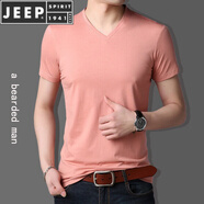 JEEP SPIRIT短袖T恤男夏季薄款純色V領(lǐng)莫代爾棉半袖打底衫冰絲光棉體恤上衣潮 粉紅色 4XL 190