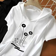 錦彩灣有戴帶帽孑的棉半袖帶冒連帽短袖帽衫女半袖t恤2025新款夏季白色 蓮花—衛衣 L