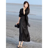 妃莉杋（FeiLiFan）法式高級(jí)感連衣裙女裝套裝2025夏季新款防曬襯衣氣質(zhì)顯瘦吊帶裙子 黑色襯衫 M 【95-105斤】