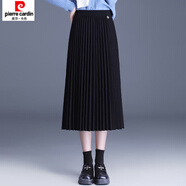 皮爾卡丹（pierre cardin）秋冬新款毛呢半身裙高腰百褶裙顯瘦中長(cháng)款A字裙松緊腰大擺裙 黑色(裙長(cháng)75厘米) 彈力腰圍 均碼