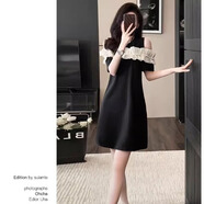 BVX輕奢漂亮短袖連衣裙女新款夏季收腰顯瘦時尚設計感露肩A字短裙潮 黑色 2XL