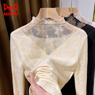 貓人（MiiOW）白色高領(lǐng)蕾絲內搭上衣女秋冬新款感洋氣小衫木耳邊網(wǎng)紗打底衫 杏色加絨 L