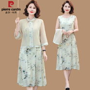 皮爾卡丹（pierre cardin）媽媽夏裝新款兩件套連衣裙短袖雪紡小衫中年女裝新中式國風裙子 綠色 XL 90-105斤左右