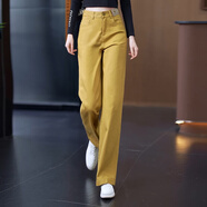 定原米白色純棉軟牛仔直筒褲女2025新款寬松女褲春夏季窄版高腰闊腿褲 黃色長褲【春秋款】 M /27【95-105斤】