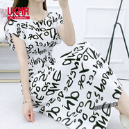 UKMR棉綢碎花連衣裙蝙蝠袖波西米亞中長(cháng)款海邊渡假沙灘碎花人造棉裙子 蝙蝠袖白底字母 2XL 建議120-140斤