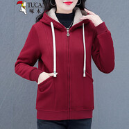 啄木鳥(niǎo)加絨衛衣短外套女新款2025時(shí)尚洋氣小個(gè)子秋冬加厚開(kāi)衫連帽上衣 棗紅 M (80-95斤)