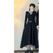 LXKP情侶裝韓版翻領(lǐng)拼接假兩件連衣裙女春秋感收腰長裙子一 女裙(腰帶) S