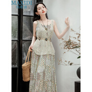 瑪希迪2024夏新款連衣裙名族風(fēng)復古綢緞?dòng)』ǖ鯉苟燃俨ㄎ髅讈嗙U空開(kāi)衫 吊帶裙+背心+腰帶 S