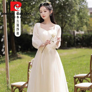 皮爾卡丹伴娘服香檳色2025新款平時可穿小眾長款顯瘦長袖晚禮服裙女 香檳色紗袖 中長D款小方領(lǐng) XL