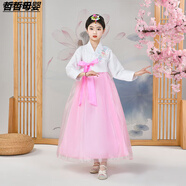 民族服裝兒童 朝鮮族六一兒童演出服裝韓版小孩傳統古裝女童改良韓服女寶寶朝鮮族童裝4 新白印花粉裙 160