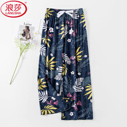 浪莎（LangSha）品牌棉綢睡褲女士夏季新款九分高腰闊腿褲網(wǎng)紅春秋外穿大碼沙灘褲 棉綢闊腿-藏青丁香花ED 無口袋 M 建議90-110斤之內(nèi)】 寬松版型