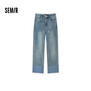 Semir[森柔牛仔]牛仔褲女翻邊印花直筒褲酷炸街秋季個性長褲街頭 牛仔中藍(lán)88201 26
