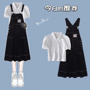 梓洛蘭ZiLuolan牛仔背帶裙套裝2025秋季學(xué)生韓版寬松polo衫上衣+背帶裙 泡泡袖襯衣+黑色背帶裙 M 【建議95-110斤】