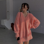 秋冬V領(lǐng)加厚防水貂絨毛衣女新款外穿純色寬松慵懶風(fēng)中長款針織衫 粉紅色 厚款 M  (100-110斤)