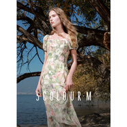 三彩2025秋款暈染印花連衣裙法式大方領(lǐng)度假荷葉邊長(cháng)裙M 綠米花卉 XL 170/92A