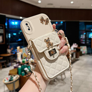羅璐鷗蘋果XS手機(jī)殼斜挎掛繩外殼iPhoneXSMAX鏈條背帶硅膠殼蘋果X保護(hù)套女斜跨菱格零錢卡包防摔全包軟殼 【白色-菱格小熊卡包款】+斜挎掛繩+全屏鋼化膜 蘋果X