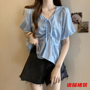 風(fēng)曉薇大碼女夏季法式V領(lǐng)收腰雪紡?fù)尥奚琅菖菪涠绦湟r衫胖mm遮肚子上衣 藍(lán)色-胖mm大碼女裝-遮肚子大碼女裝 4XL -胖mm大碼女裝-遮肚子大碼女裝