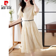 皮爾卡丹高端精致連衣裙女寬松2025年夏季新款絕美氣質(zhì)小個子灰色雪紡紗裙 米色 L