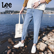 Lee ryetom秋季新款ulzzang牛仔褲男士原宿風(fēng)學(xué)生百搭寬松九分褲簡約褲子潮 淺藍(lán)色 直筒牛仔褲 2XL【34】