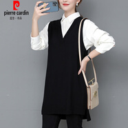 皮爾卡丹（pierre cardin）春秋新款套頭馬甲女中長(cháng)款寬松胖m外穿v領(lǐng)針織顯瘦背心坎肩針 黑色 XL 120-135斤