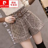 皮爾卡丹（pierre cardin）格子毛呢短褲女秋冬季2025新款高腰闊腿褲百搭外穿寬松呢子靴褲潮 卡其色 S（+腰帶）