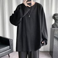 嘉曄長(cháng)袖t恤男春秋季打底衫圓領(lǐng)寬松休閑百搭印花青年男士體恤痞帥ins 黑色【單件裝】 2XL 【120-140斤】