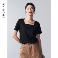 初棉短袖T恤女 正肩純棉圓領(lǐng)/半月領(lǐng) 經(jīng)典黑-方糖領(lǐng) S