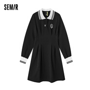 Semir森馬連衣裙女polo領撞色學院風春季刺繡肌理短裙文藝溫柔 黑色90001 M