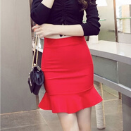 山頭林村魚(yú)尾半身裙短裙紅色女秋包臀裙韓版高腰大碼彈力2023修身顯瘦裙子 紅色 S