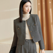 米思陽(yáng)（missshine）2024秋季新款時(shí)尚小香風(fēng)格紋短外套圓領(lǐng)長(cháng)袖單排扣上衣2691 黑杏色 S