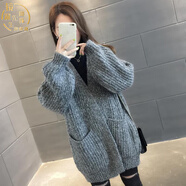 鏡渝先生毛衣外套女中長款很仙的毛衣開衫外套女2022秋冬中長款加厚韓版寬 灰色 M
