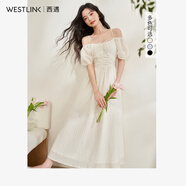 西遇V領(lǐng)泡泡袖茶歇連衣裙女2024春季新款褶皺高腰顯瘦A擺裙子 白色 M