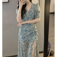 GOCHIEI法式溫柔風(fēng)泡泡袖碎花連衣裙女夏季大碼胖mm氣質(zhì)V領(lǐng)開(kāi)叉顯瘦長(zhǎng)裙 碎花裙優(yōu)質(zhì)版 XL 120-140斤