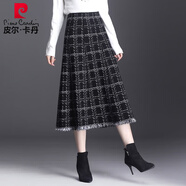 皮爾卡丹小香風(fēng)針織半身裙女千鳥(niǎo)格a字裙秋冬新款韓版中長(zhǎng)款包臀毛線裙 黑色 S