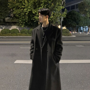 雪萊瓊斯（Shelley Jones） 中長(cháng)款毛呢大衣男秋冬加厚韓版潮牌外套高級感痞帥過(guò)膝呢子風(fēng)衣 黑色 L [建議110-130斤]