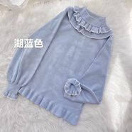 中凡智原創(chuàng)日系復(fù)古可愛保暖打底內(nèi)搭秋冬軟妹高領(lǐng)褶皺花邊泡泡袖毛衣女 湖藍(lán)色 S