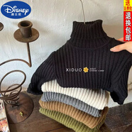 迪士尼（DISNEY）韓國童裝兒童毛衣22秋季冬新男女童純色坑條毛衣寶寶高領(lǐng)彈力線衫 黑色加厚【超保暖】 80