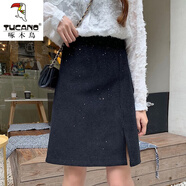 啄木鳥(niǎo)2025新款毛呢半身裙女高腰短裙開(kāi)叉修身包臀中裙秋冬加厚A字裙子 黑色灑金 S