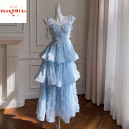 萌皓皓法式雪紡盤(pán)帶繡小禮服優(yōu)雅甜美藍色連衣裙收腰吊帶蛋糕長(cháng)裙日常服 藍色 S