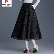 皮爾卡丹歐根紗植絨半身裙秋冬新款高腰松緊口袋顯瘦中長(cháng)款氣質(zhì)大擺裙 8008-6【有口袋裙長(cháng)66厘米】 均碼 建議85-140斤