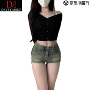 DAVEY MODE美式復古做舊直筒包臀拉鏈牛仔短褲女夏季辣妹顯瘦短褲熱褲子 淺藍色 M