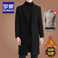 羅蒙（ROMON）中長款羊毛呢大衣男士秋冬商務休閑加棉加厚風衣男保暖呢子外套男 黑色毛呢+8810駝色毛衣 195/4XL碼(建議185-205斤穿)