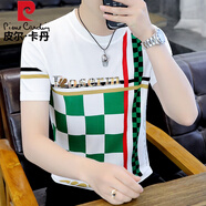 皮爾卡丹（pierre cardin）男士針織短袖T恤夏季冰絲圓領(lǐng)上衣燙鉆薄款格子半袖體恤 905白色 M 165 【適合90-105斤】