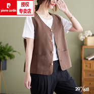 皮爾卡丹（pierre cardin）棉麻馬甲女無(wú)袖坎肩夏季寬松百搭薄款亞麻背心外套馬夾上衣 咖啡色 L【建議110-125斤】