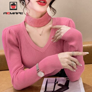 AEMAPE泡泡袖打底衫女裝掛脖毛衣女2025春秋冬季時(shí)尚針織衫女心機 玫紅 M _100-115斤