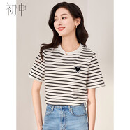 初申夏季短袖T恤女時(shí)尚百搭圓領(lǐng)愛(ài)心標(biāo)條紋純棉半袖上衣S13KT1172