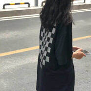 金熊格2024夏季街頭短袖T恤男寬松ins潮牌清新學(xué)院復(fù)古棋盤格上衣體恤女 580-新款國(guó)際象棋短袖-黑- S